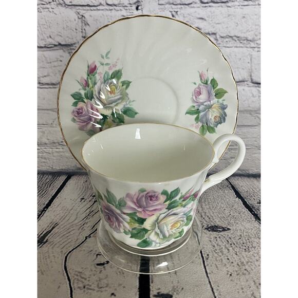 Tea‎ Cup Saucer Fine English Bone China Floral Pink Purpl Roses Allyn Nelson - Picture 1 of 10